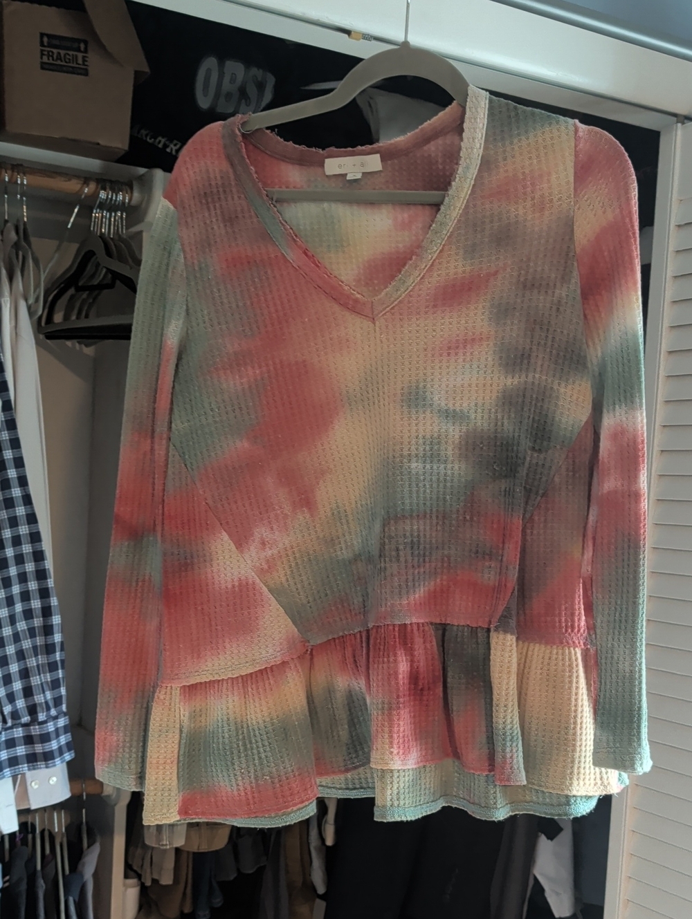 Anthropologie Eri + ali Pastel Tie-Dye V-Neck Peplum shirt - Pink, Green, Cream